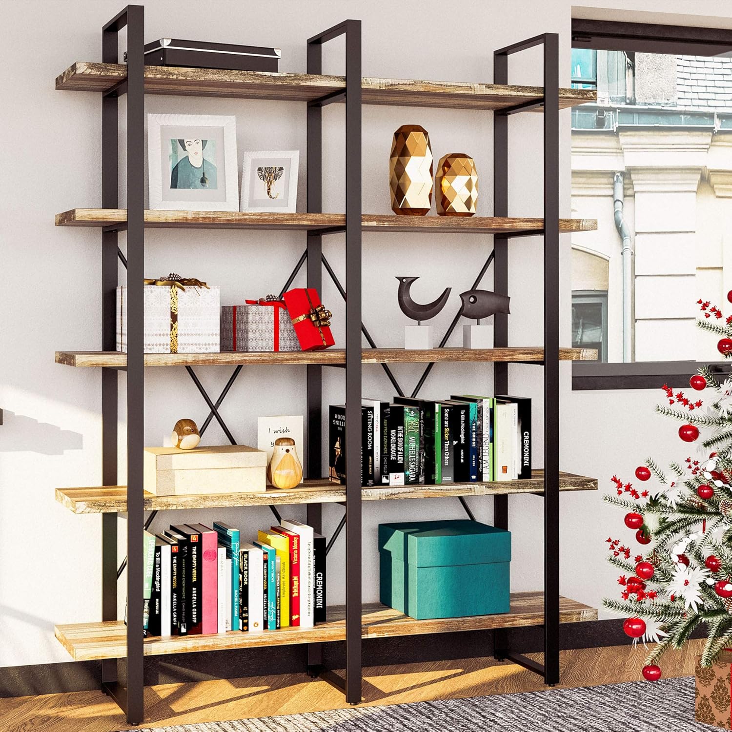Double-wide industrial bookshelf with metal frame and wood shelves in neutral finish, 5-tier open storage design — view 1