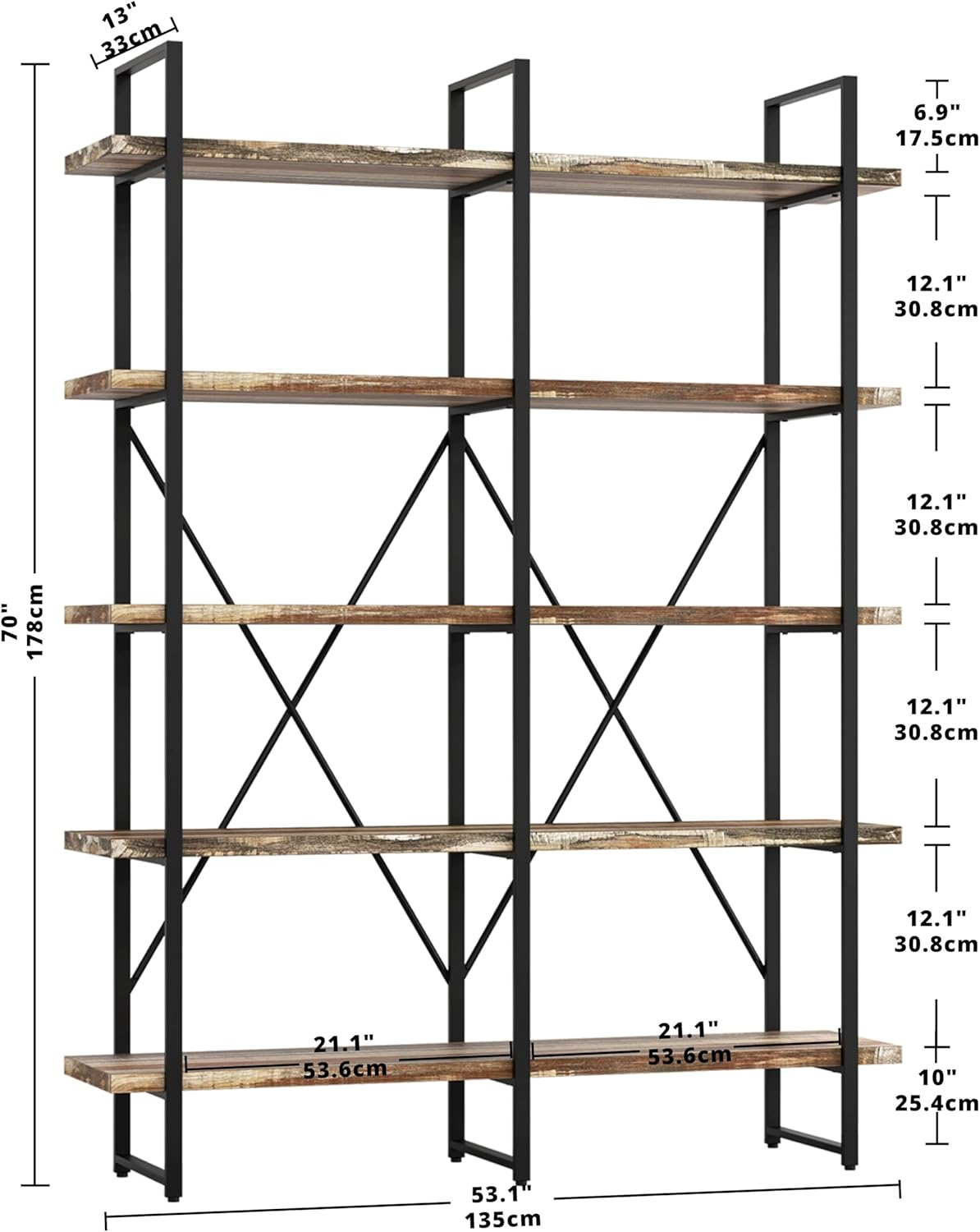 Double-wide industrial bookshelf with metal frame and wood shelves in neutral finish, 5-tier open storage design — view 2