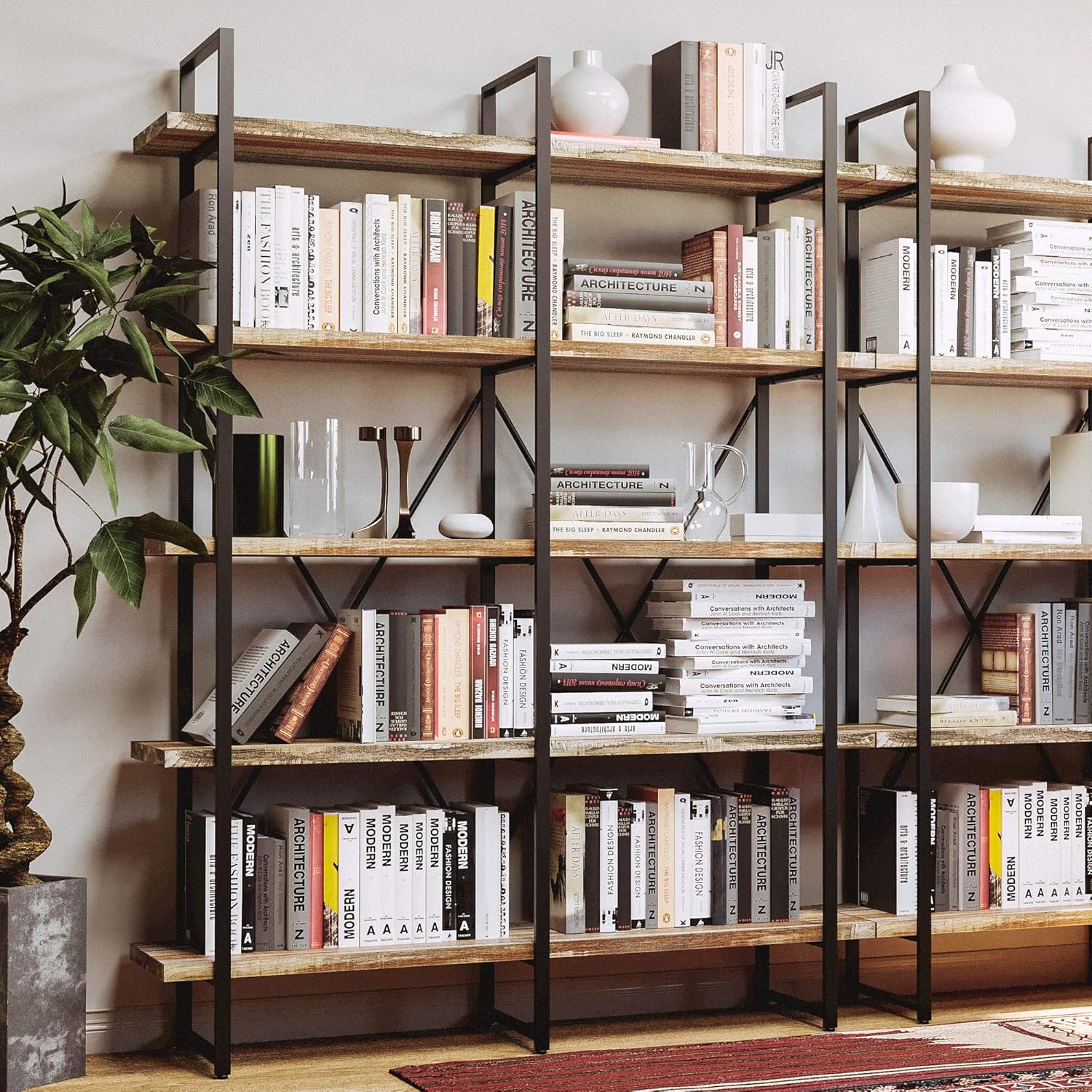 Double-wide industrial bookshelf with metal frame and wood shelves in neutral finish, 5-tier open storage design — view 3
