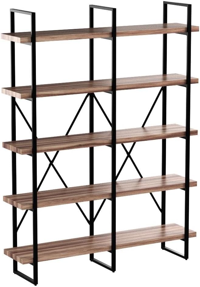 Double-wide industrial bookshelf with metal frame and wood shelves in neutral finish, 5-tier open storage design — view 4