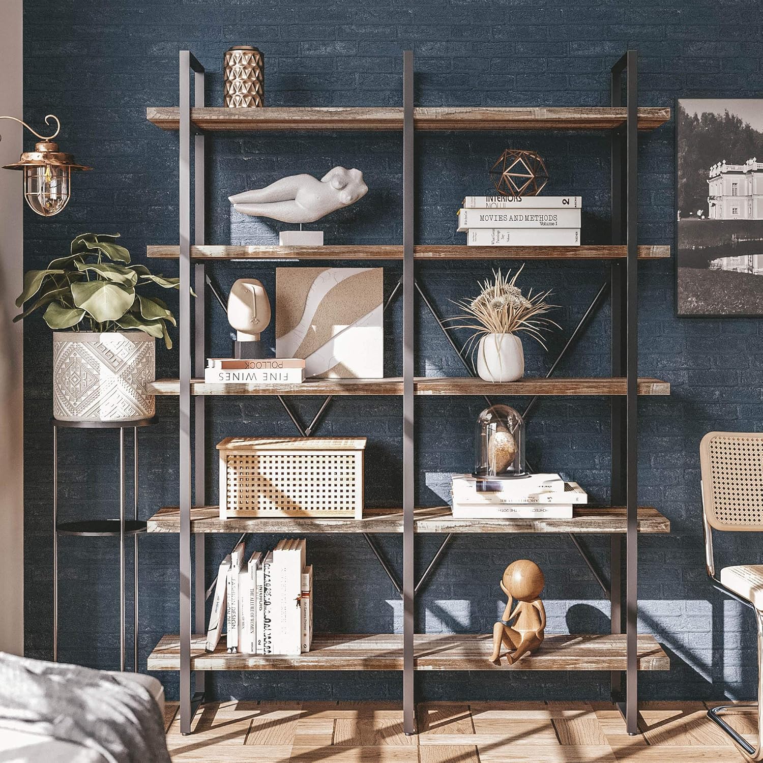 Double-wide industrial bookshelf with metal frame and wood shelves in neutral finish, 5-tier open storage design — view 4