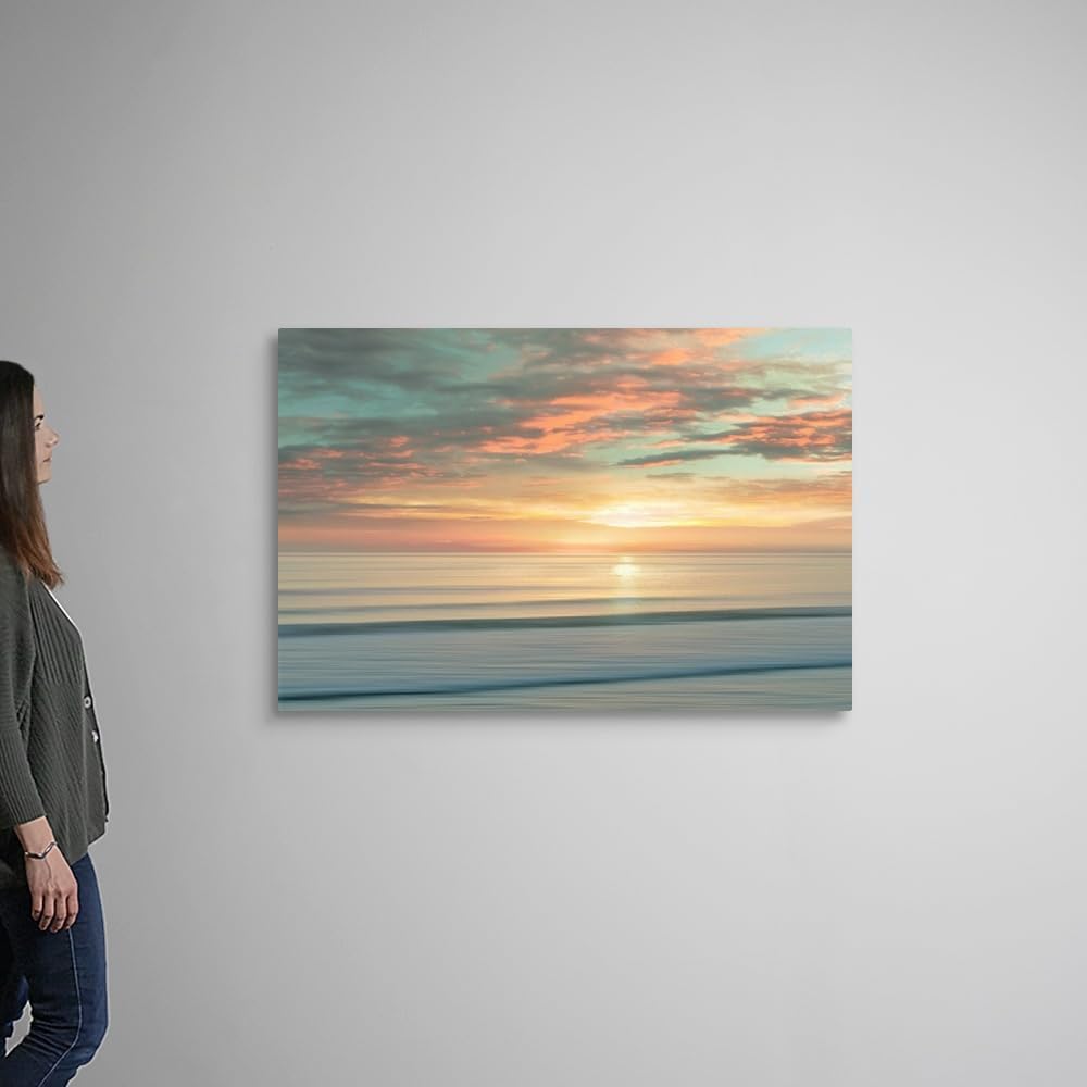 Large canvas wall art print featuring contemporary beach sunrise with warm orange, pink, and blue gradient tones — view 2