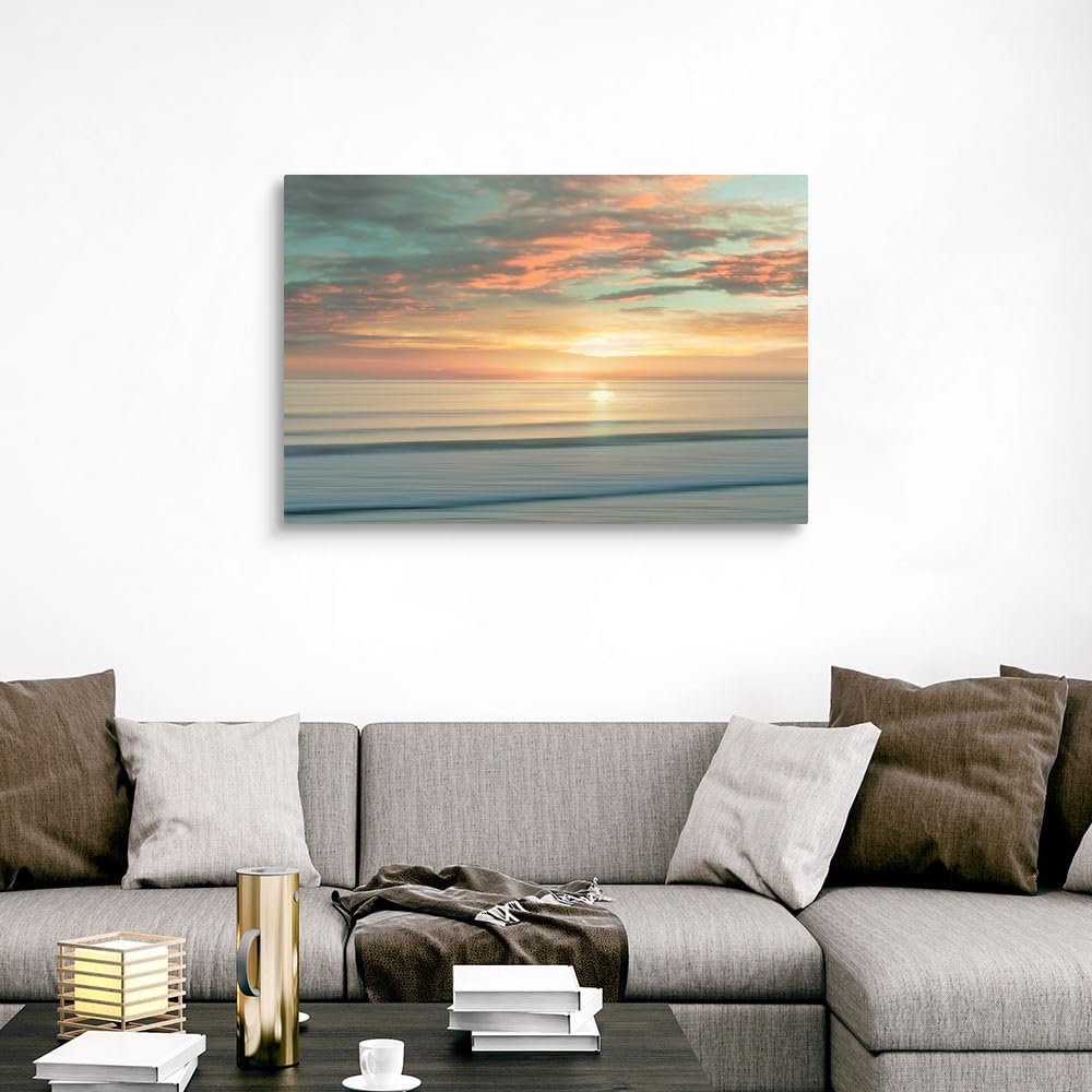 Large canvas wall art print featuring contemporary beach sunrise with warm orange, pink, and blue gradient tones — view 3