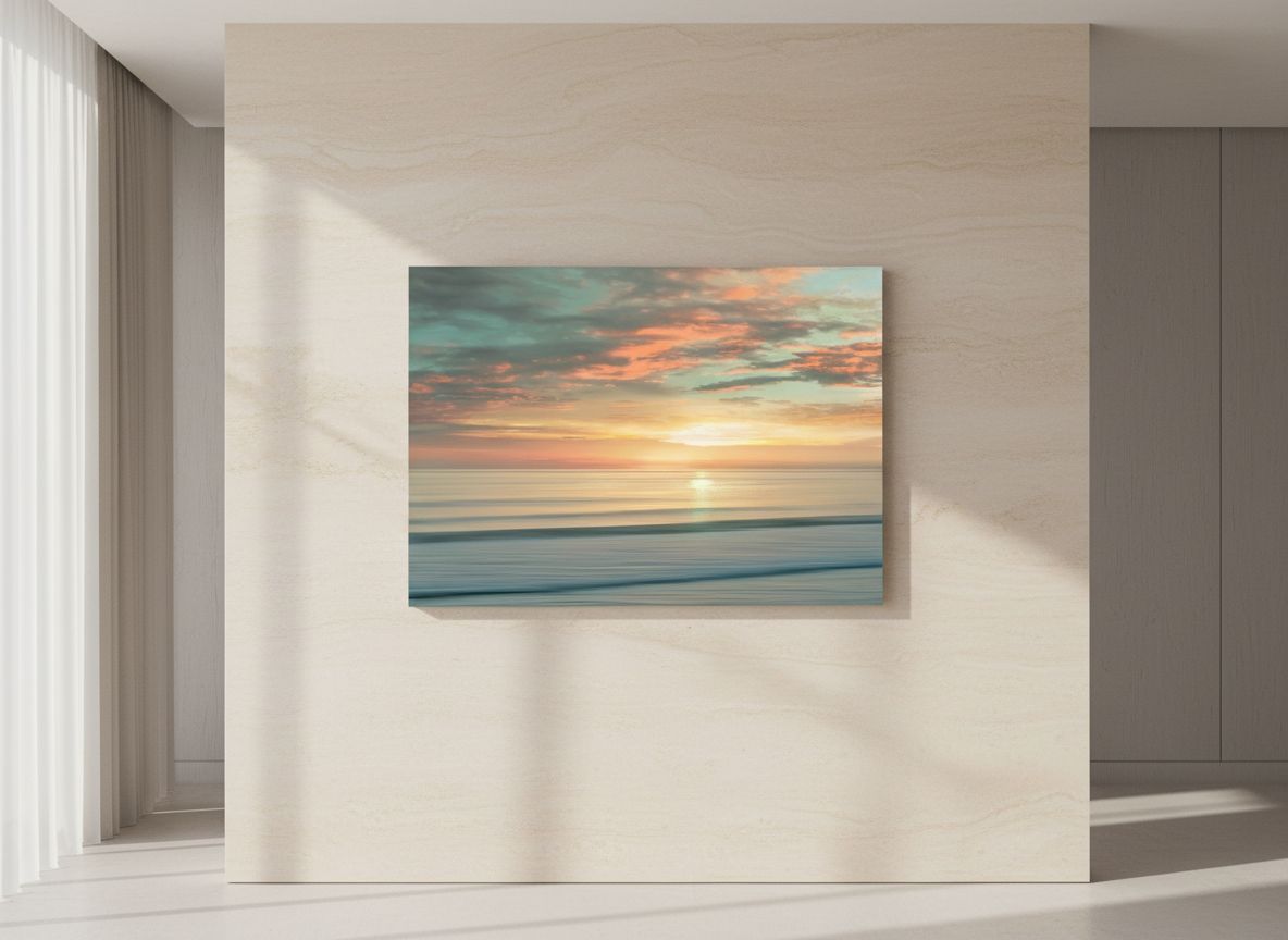 Large canvas wall art print featuring contemporary beach sunrise with warm orange, pink, and blue gradient tones — hero view 1