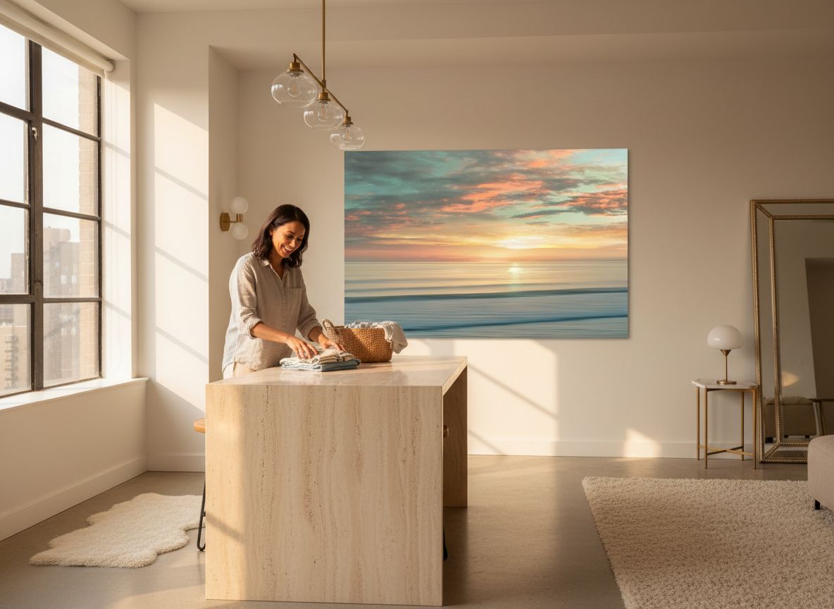 Large canvas wall art print featuring contemporary beach sunrise with warm orange, pink, and blue gradient tones — view 3b