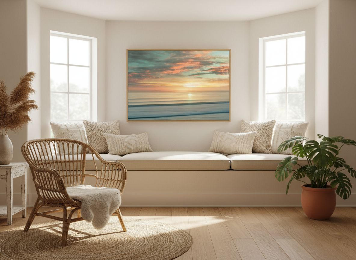 Large canvas wall art print featuring contemporary beach sunrise with warm orange, pink, and blue gradient tones — view 5b