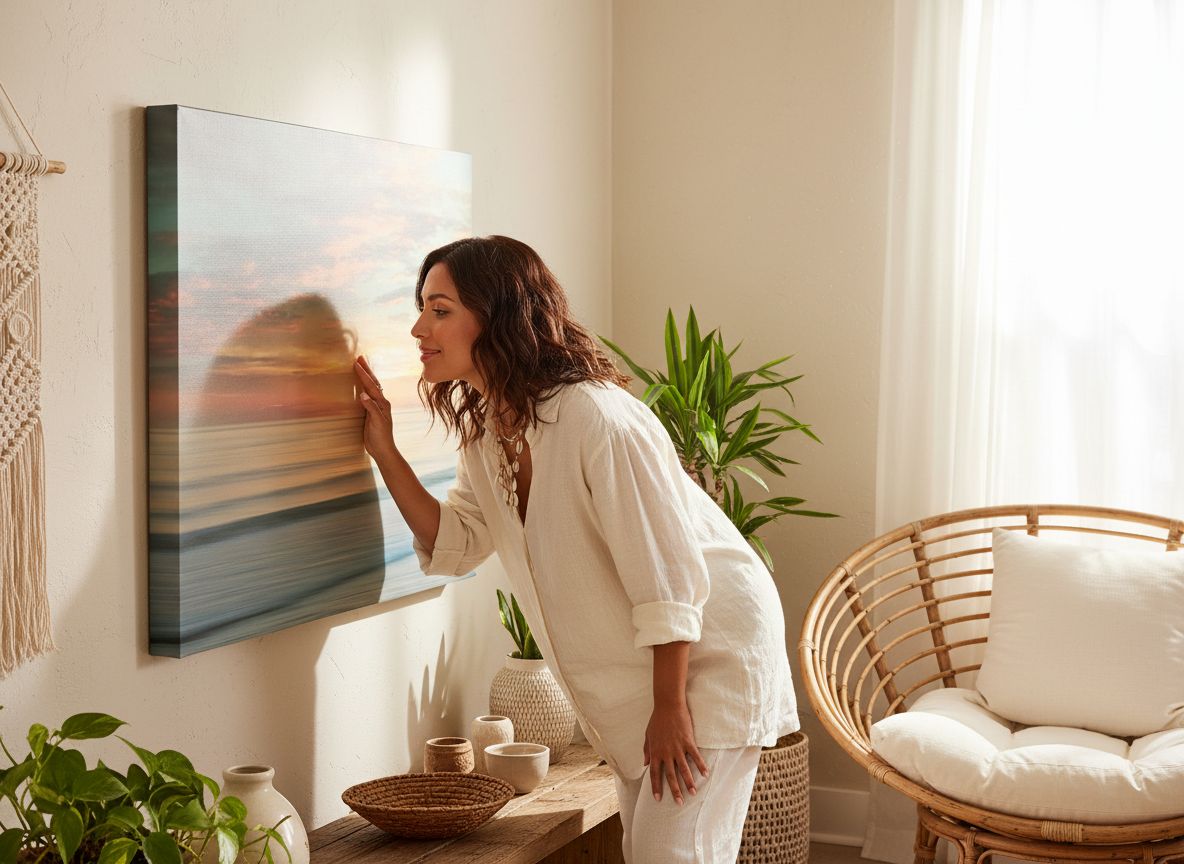 Large canvas wall art print featuring contemporary beach sunrise with warm orange, pink, and blue gradient tones — view 2
