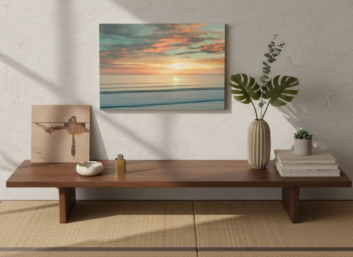 Large canvas wall art print featuring contemporary beach sunrise with warm orange, pink, and blue gradient tones — view 3a