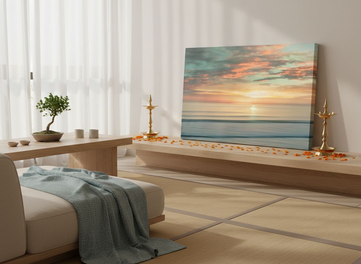 Large canvas wall art print featuring contemporary beach sunrise with warm orange, pink, and blue gradient tones — view 4