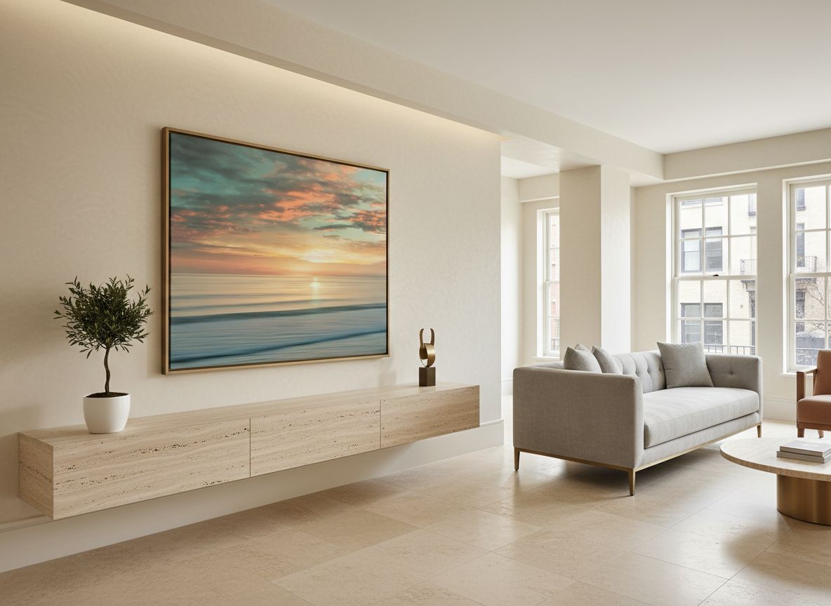 Large canvas wall art print featuring contemporary beach sunrise with warm orange, pink, and blue gradient tones — view 5a