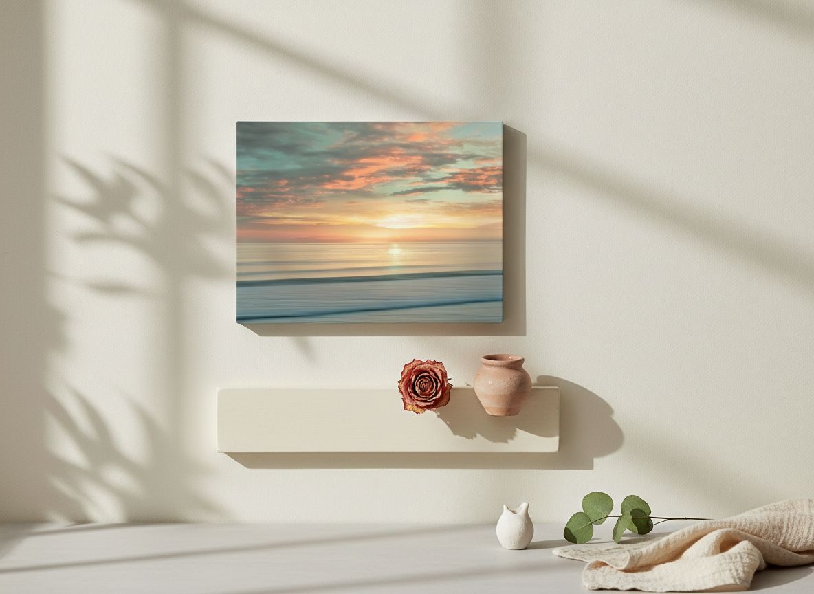 Large canvas wall art print featuring contemporary beach sunrise with warm orange, pink, and blue gradient tones — hero view 2
