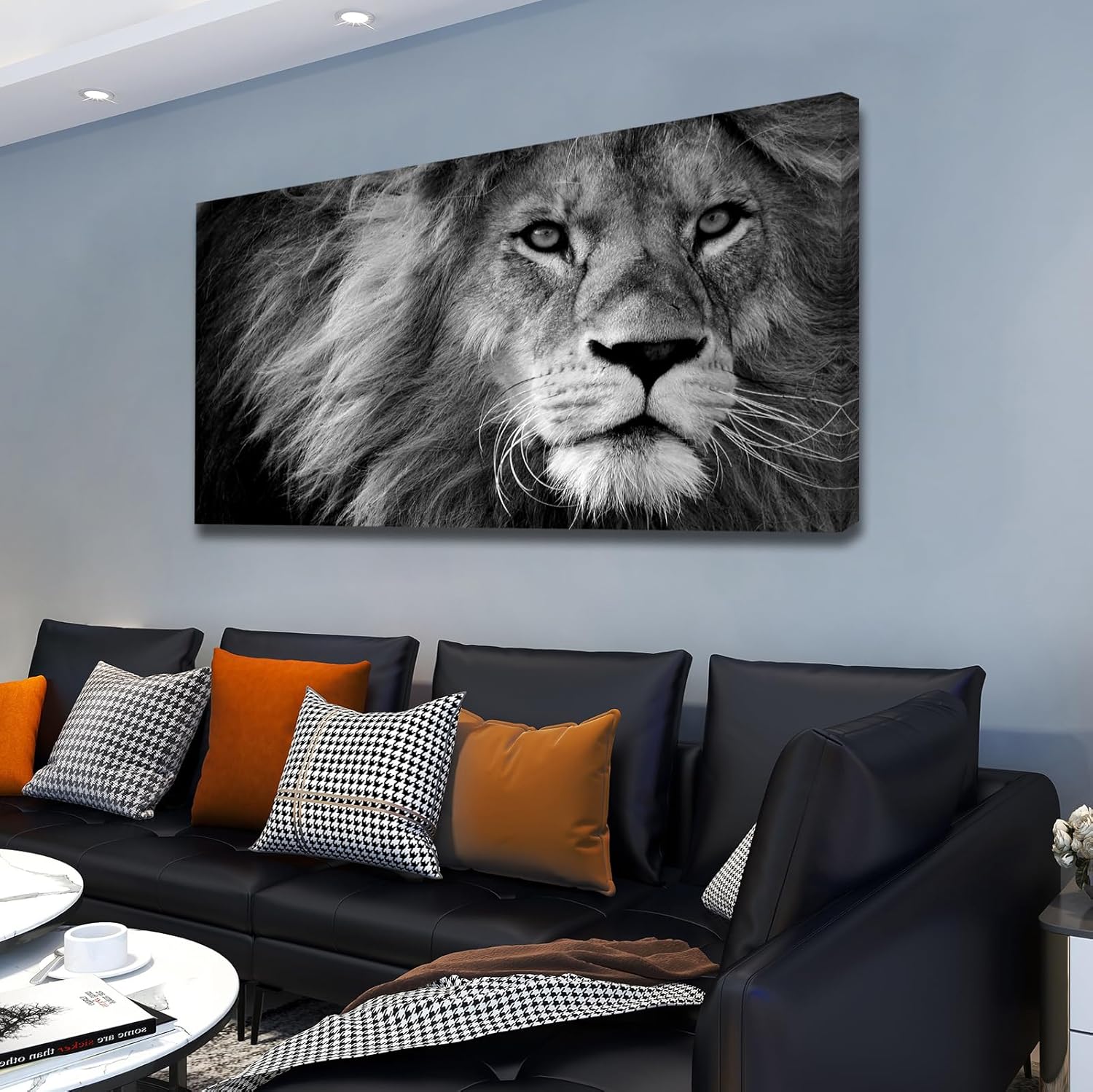 Black and white lion canvas wall print, stretched on wooden frame, modern contemporary art for home office — view 2