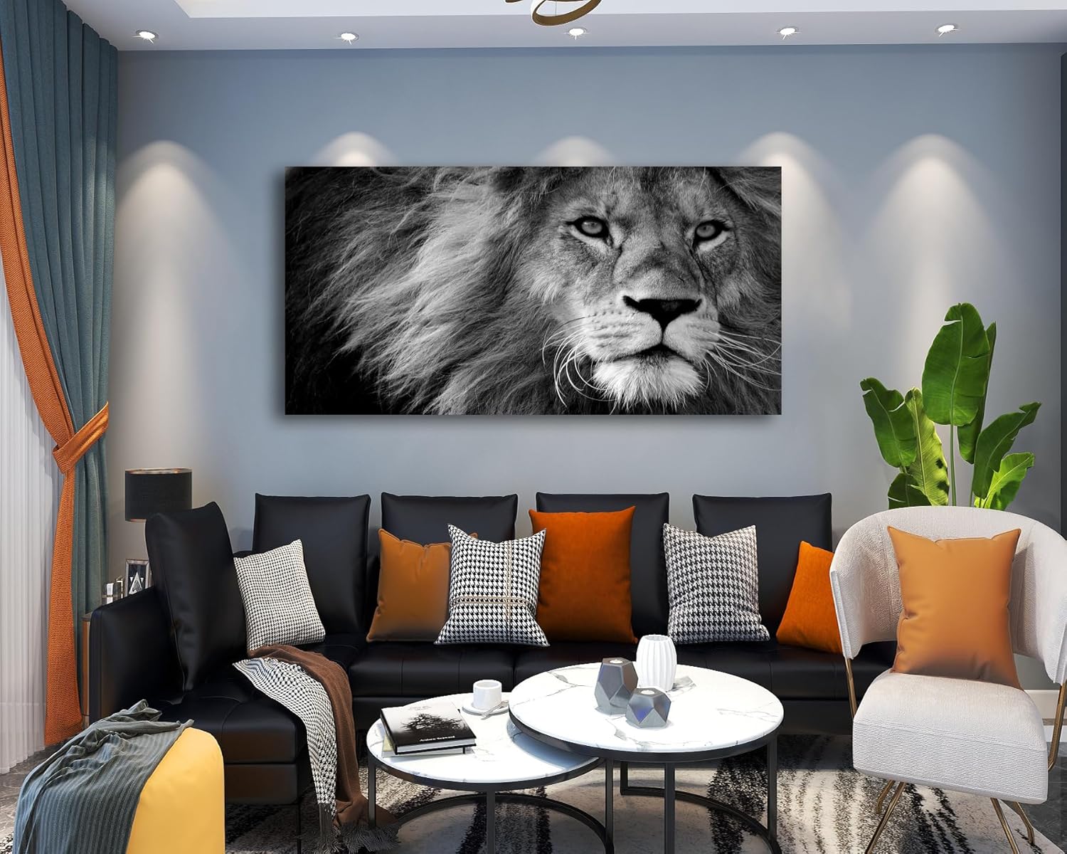 Black and white lion canvas wall print, stretched on wooden frame, modern contemporary art for home office — view 3