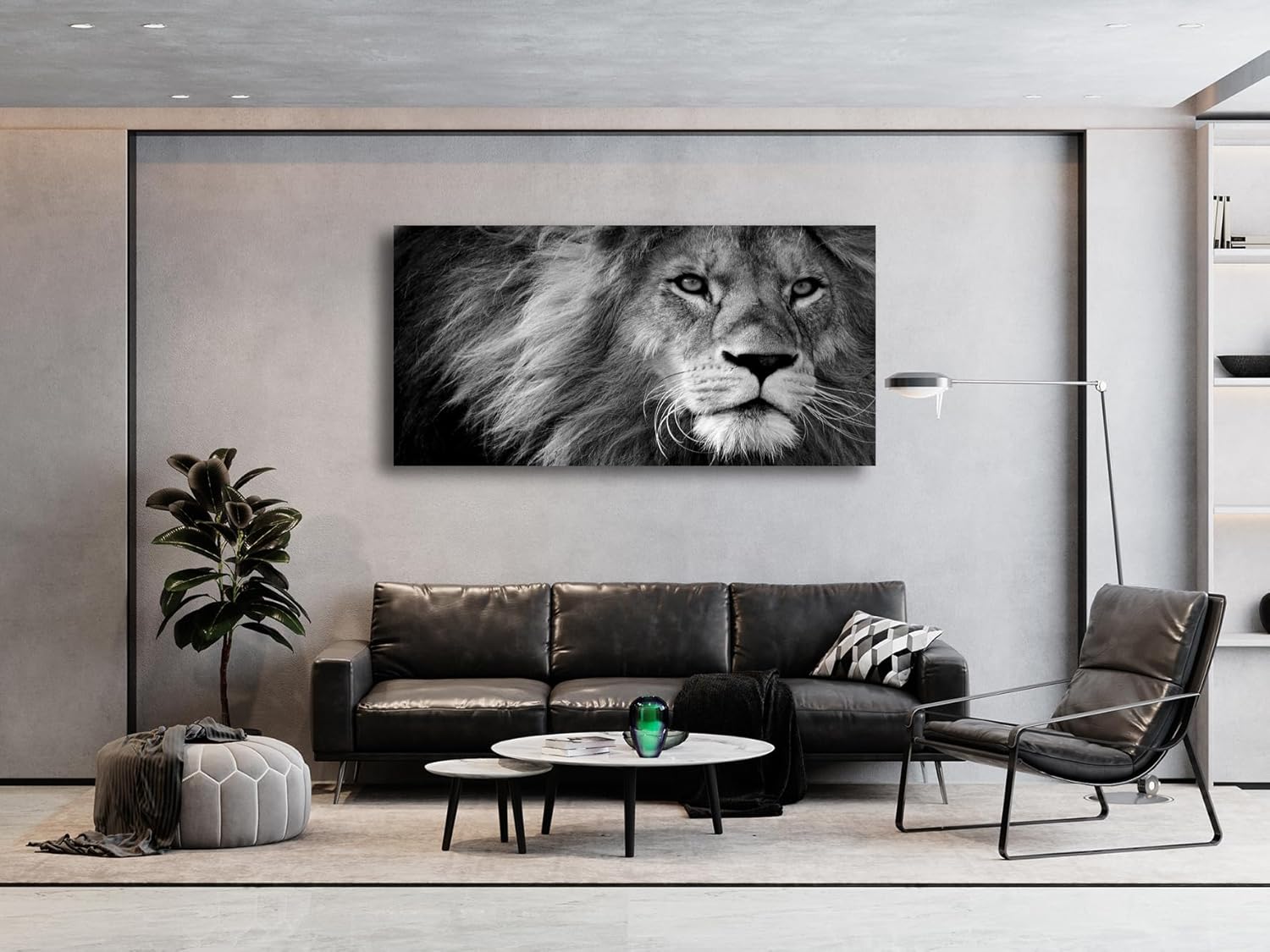 Black and white lion canvas wall print, stretched on wooden frame, modern contemporary art for home office — view 4