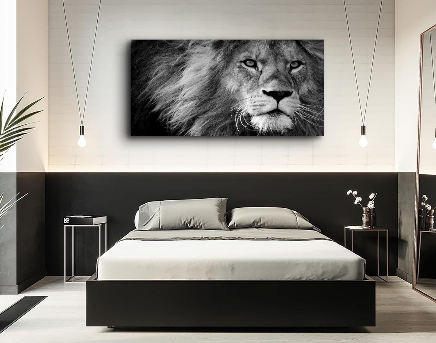Black and white lion canvas wall print, stretched on wooden frame, modern contemporary art for home office — view 2