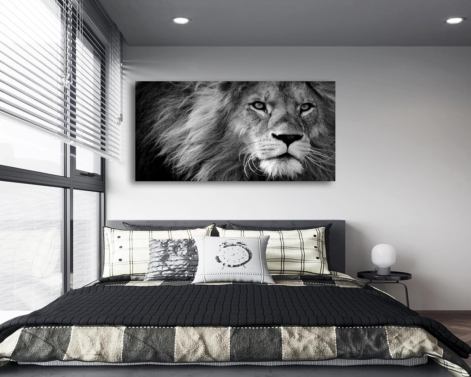 Black and white lion canvas wall print, stretched on wooden frame, modern contemporary art for home office — view 3