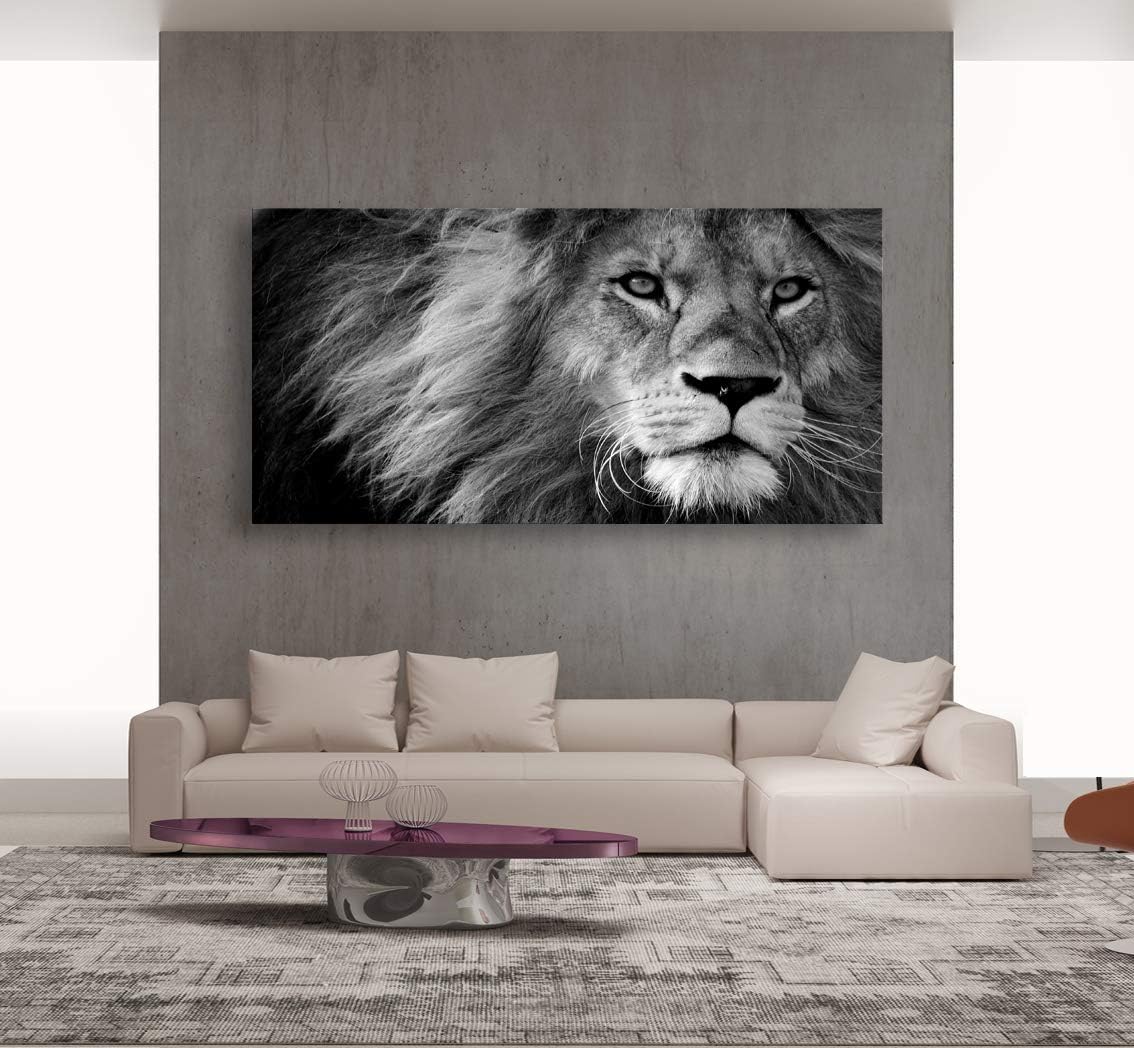 Black and white lion canvas wall print, stretched on wooden frame, modern contemporary art for home office — view 4