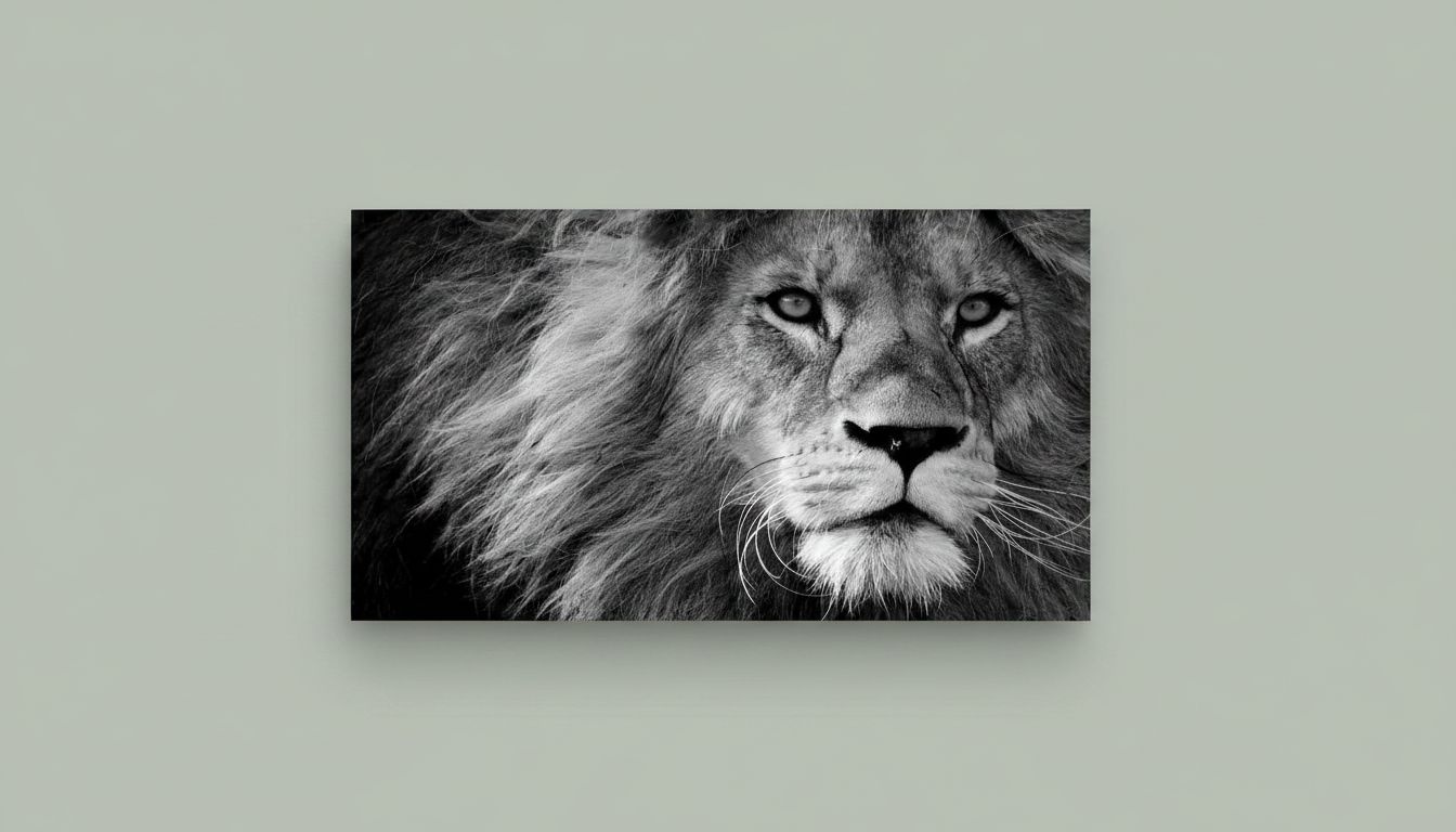 Black and white lion canvas wall print, stretched on wooden frame, modern contemporary art for home office — hero view 1