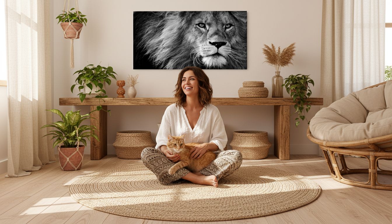 Black and white lion canvas wall print, stretched on wooden frame, modern contemporary art for home office — view 3b