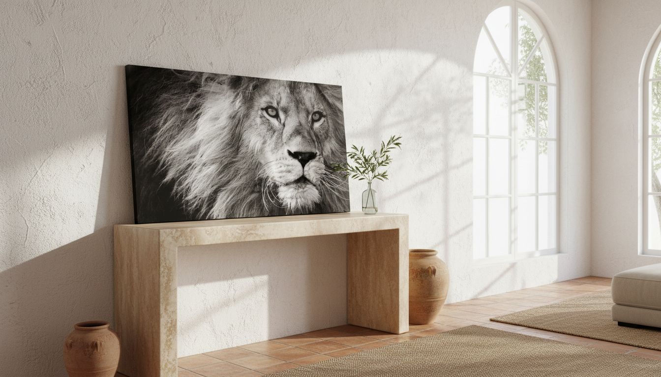 Black and white lion canvas wall print, stretched on wooden frame, modern contemporary art for home office — view 5b