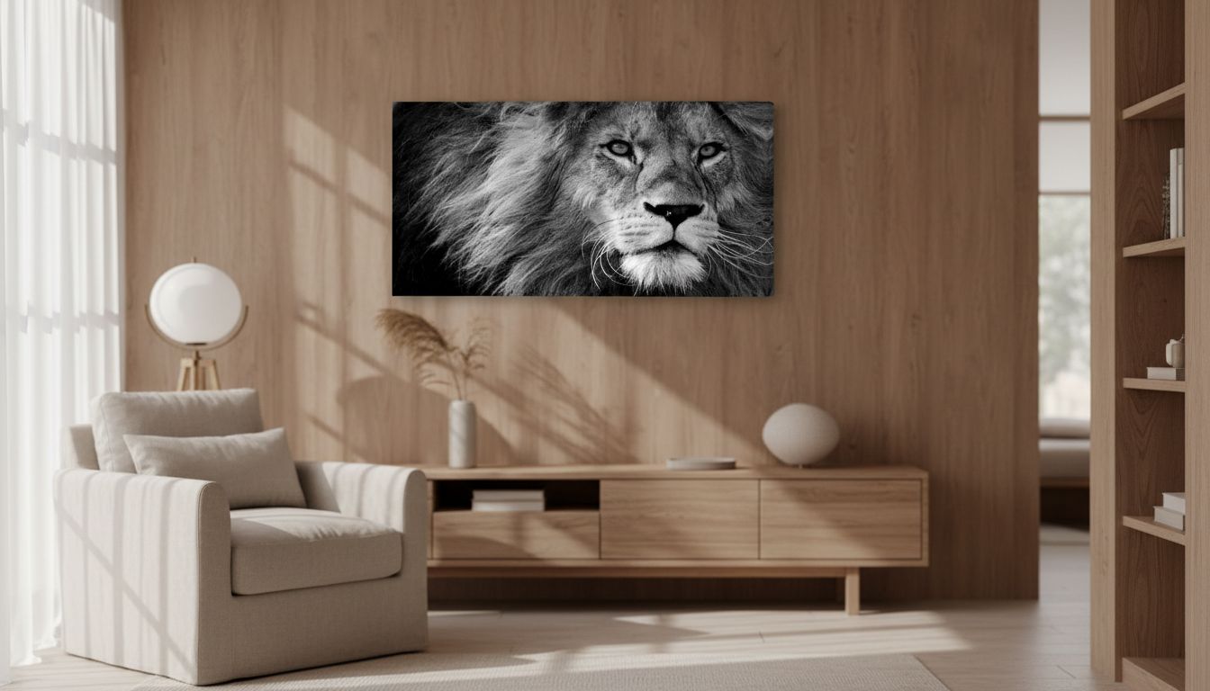 Black and white lion canvas wall print, stretched on wooden frame, modern contemporary art for home office — view 7