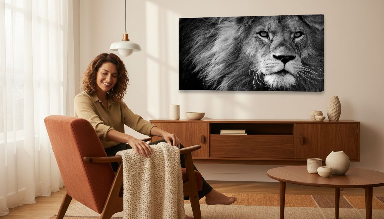 Black and white lion canvas wall print, stretched on wooden frame, modern contemporary art for home office — view 2