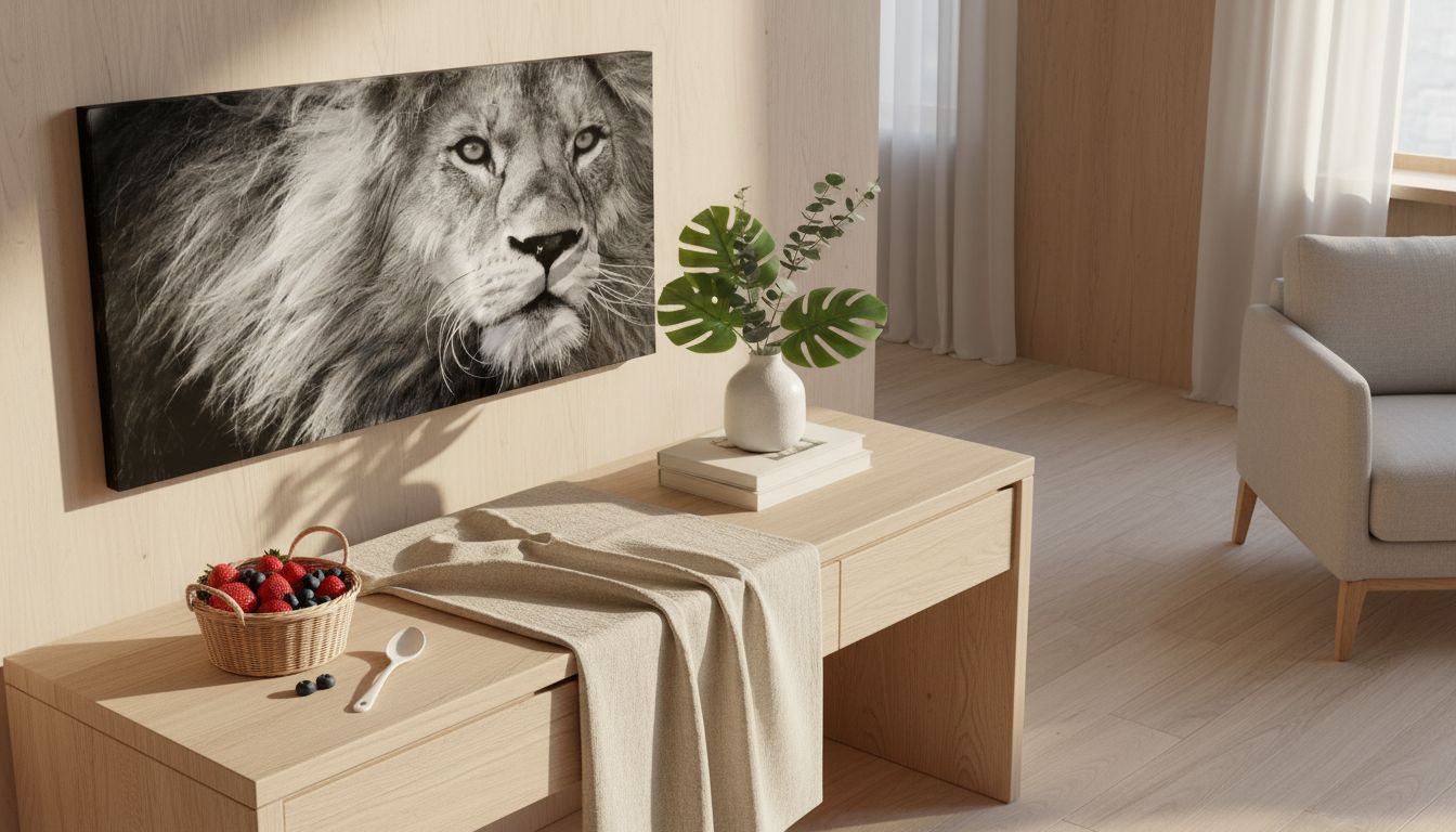 Black and white lion canvas wall print, stretched on wooden frame, modern contemporary art for home office — view 3a