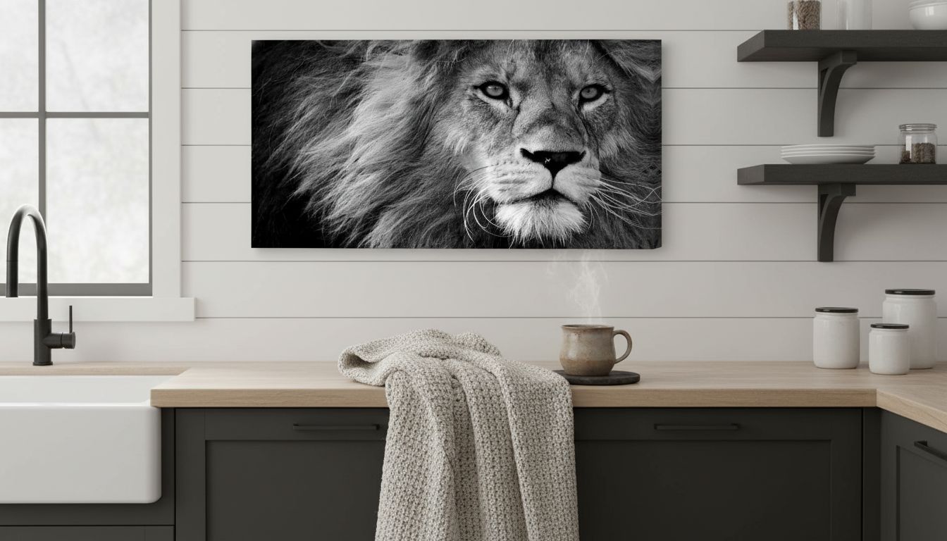 Black and white lion canvas wall print, stretched on wooden frame, modern contemporary art for home office — view 4