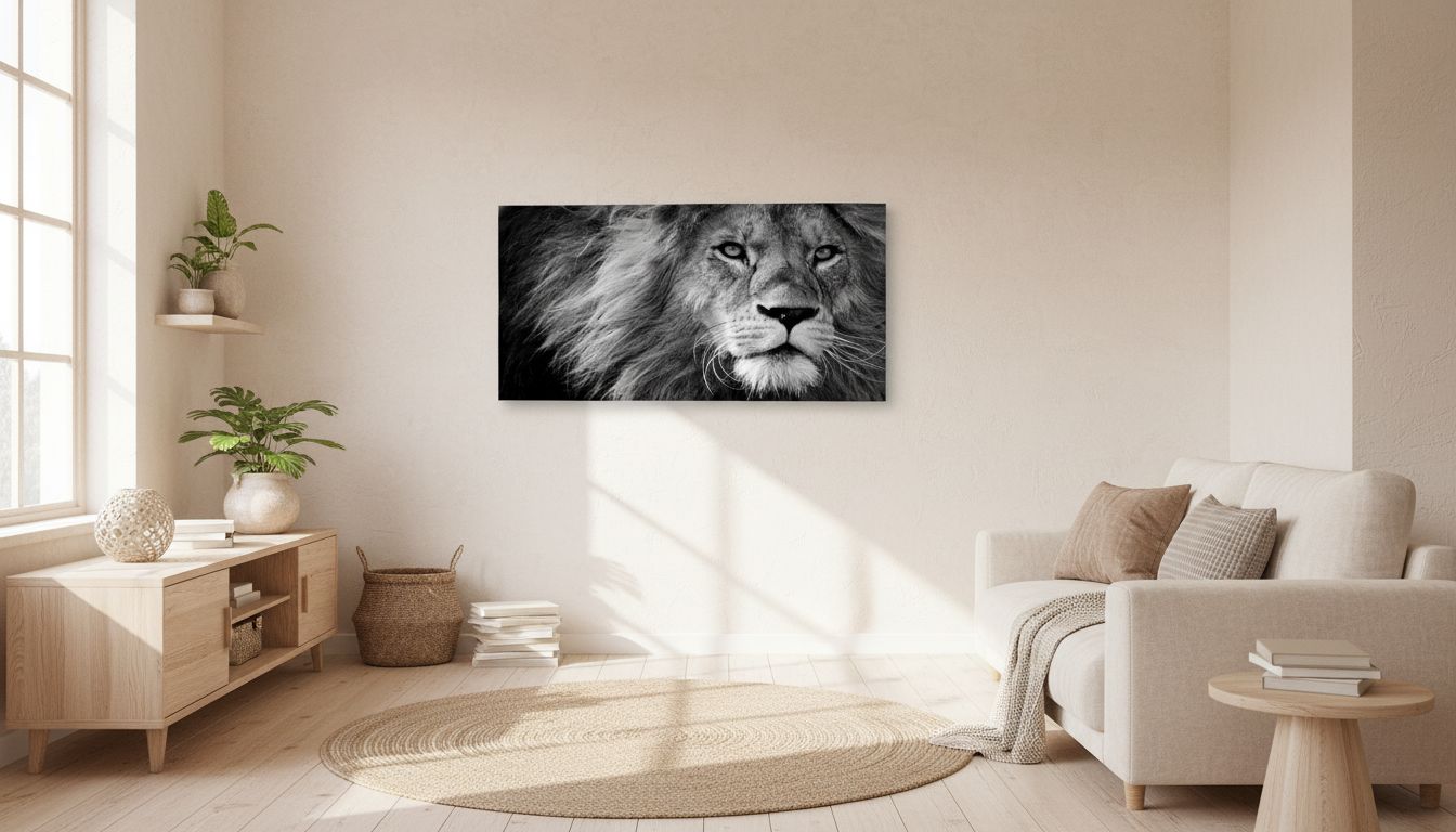 Black and white lion canvas wall print, stretched on wooden frame, modern contemporary art for home office — view 5a