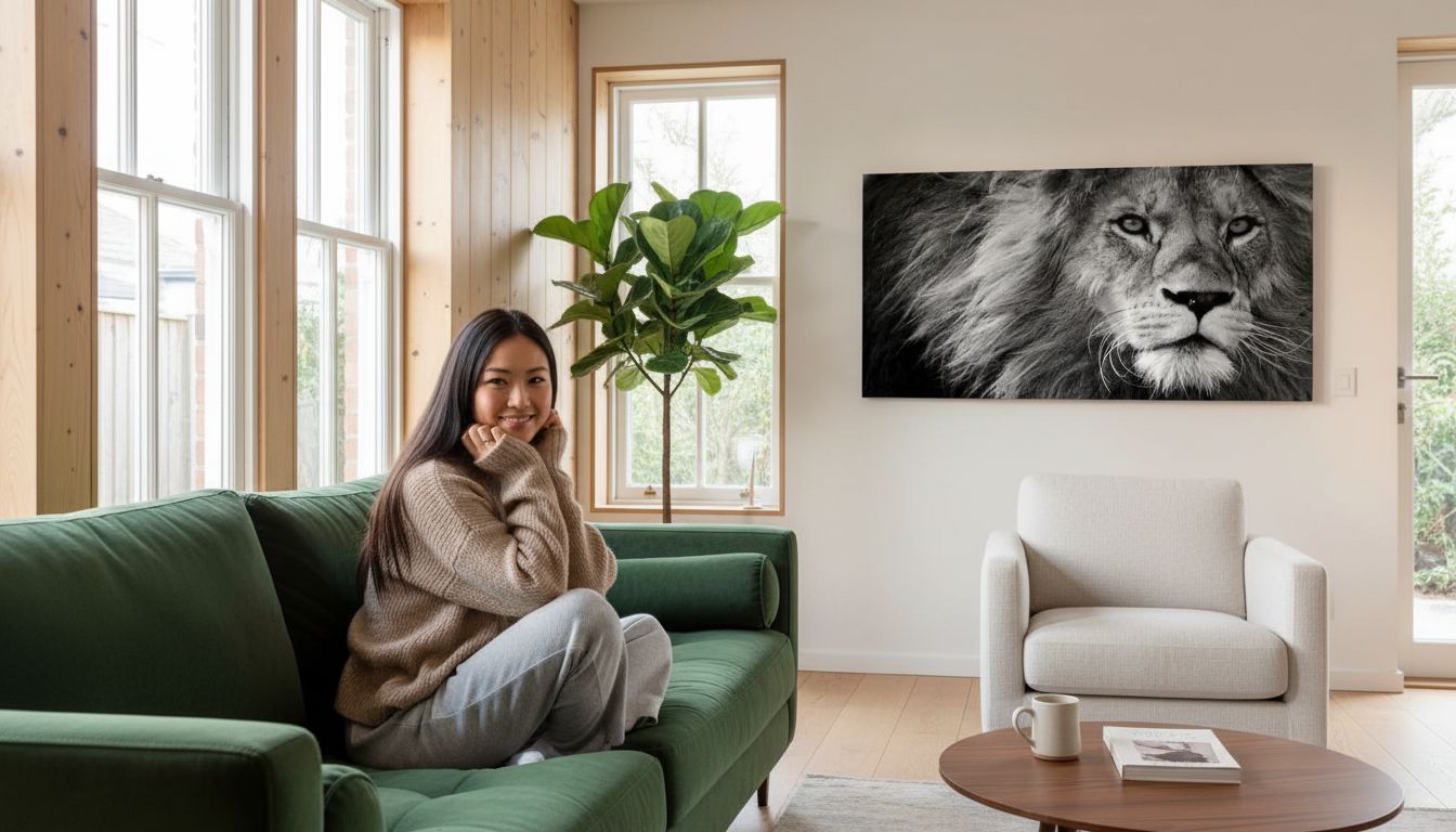 Black and white lion canvas wall print, stretched on wooden frame, modern contemporary art for home office — view 6