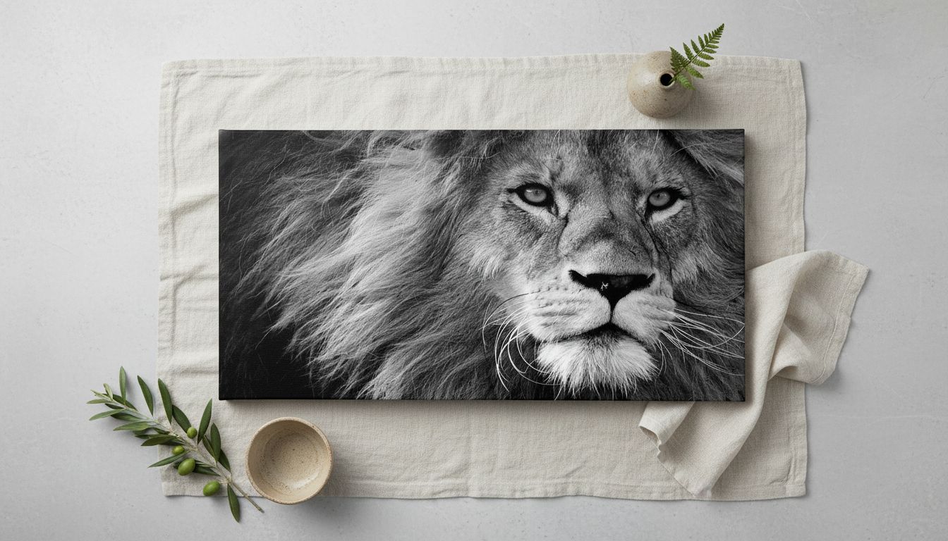 Black and white lion canvas wall print, stretched on wooden frame, modern contemporary art for home office — hero view 2