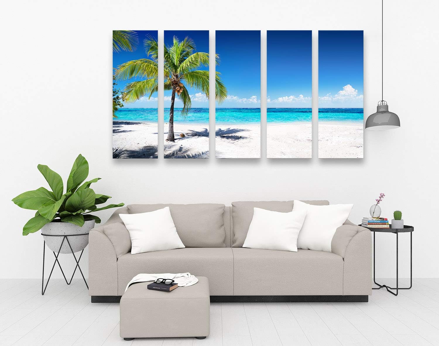 Multi-piece coastal ocean waves canvas wall art in cool blue and sandy earth tones, featuring beach seascape design for living room decor — view 2