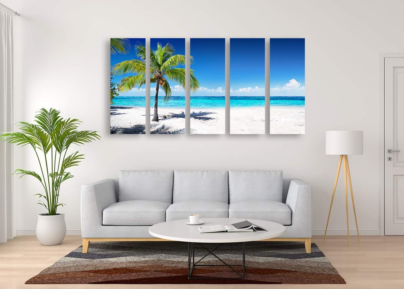 Multi-piece coastal ocean waves canvas wall art in cool blue and sandy earth tones, featuring beach seascape design for living room decor — view 3