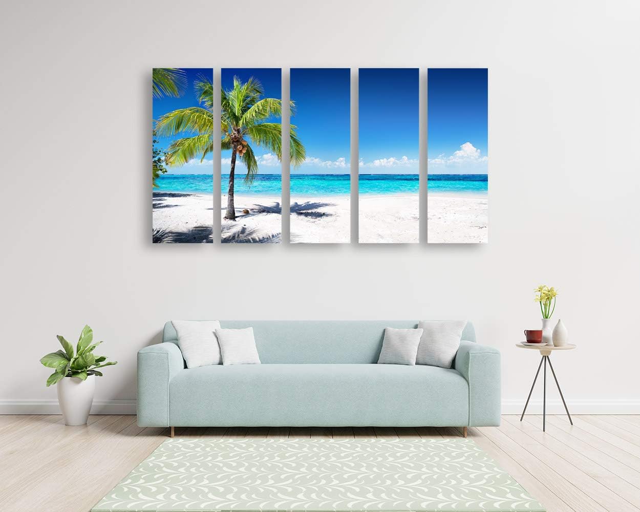 Multi-piece coastal ocean waves canvas wall art in cool blue and sandy earth tones, featuring beach seascape design for living room decor — view 4
