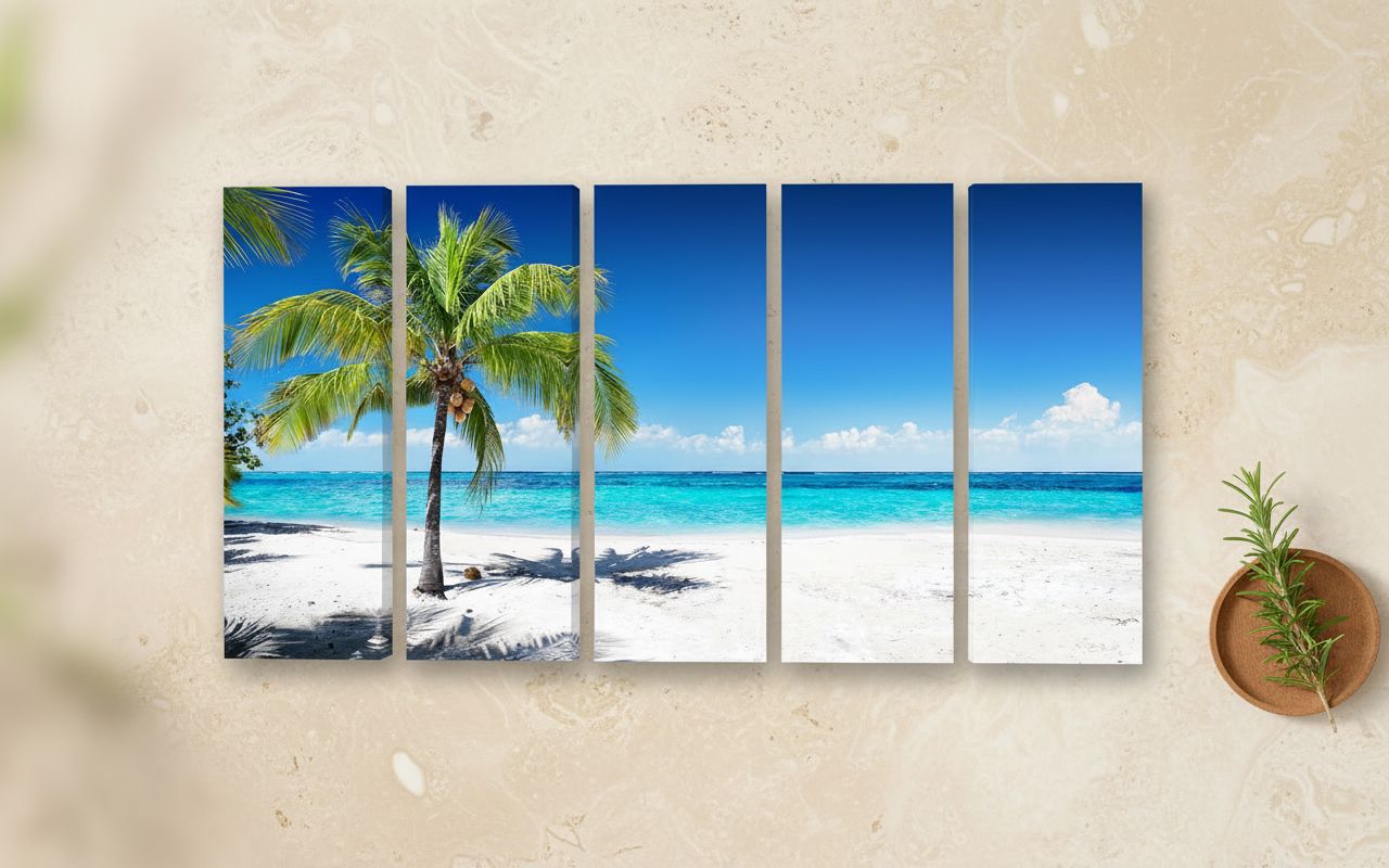 Multi-piece coastal ocean waves canvas wall art in cool blue and sandy earth tones, featuring beach seascape design for living room decor — hero view 1