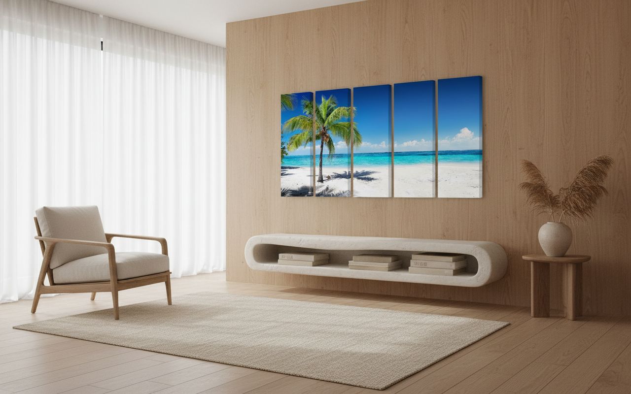 Multi-piece coastal ocean waves canvas wall art in cool blue and sandy earth tones, featuring beach seascape design for living room decor — view 5b
