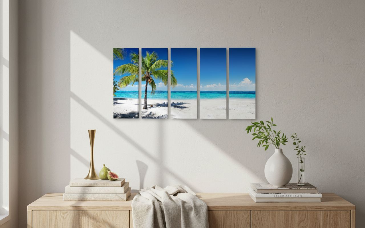 Multi-piece coastal ocean waves canvas wall art in cool blue and sandy earth tones, featuring beach seascape design for living room decor — view 3a