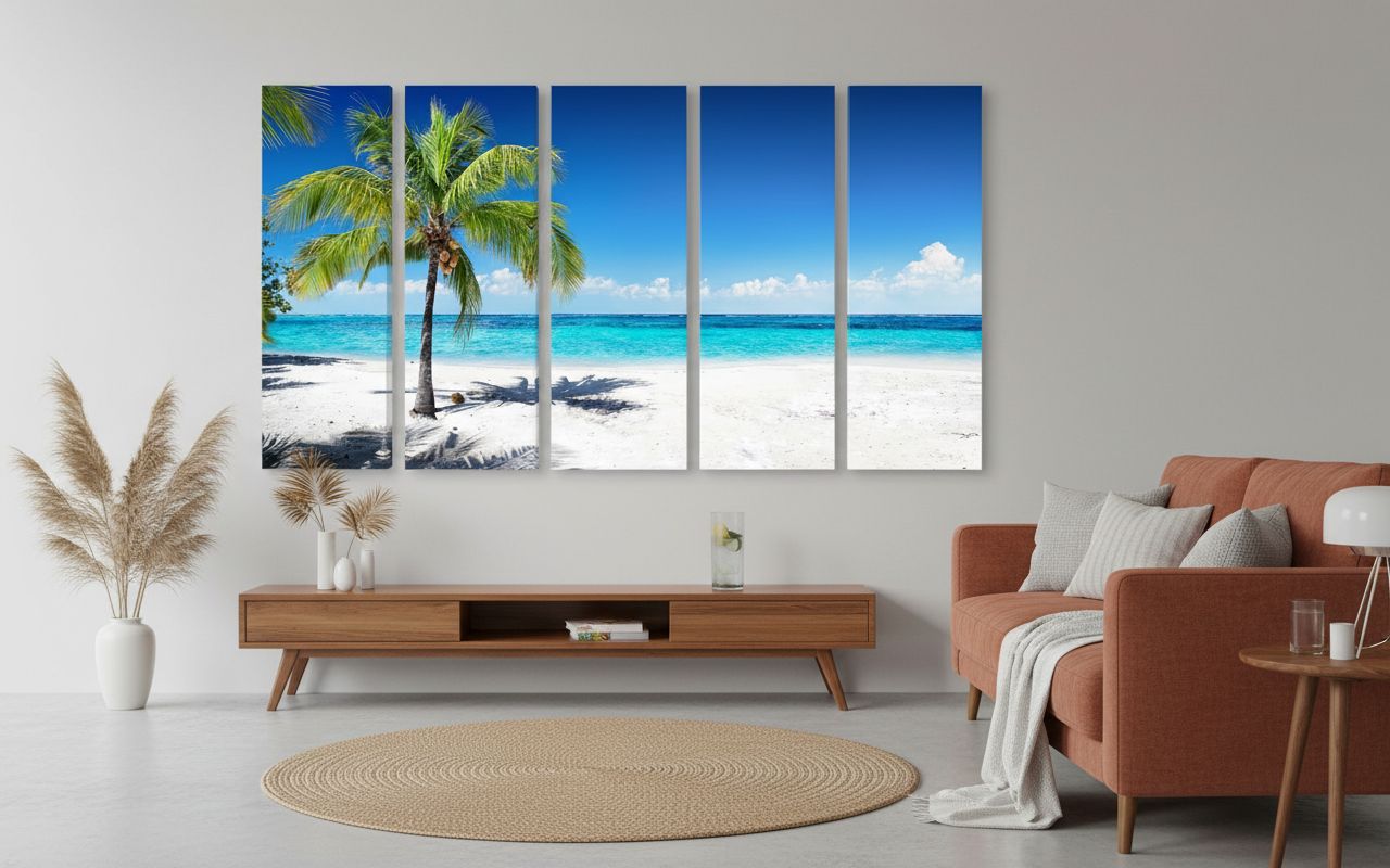 Multi-piece coastal ocean waves canvas wall art in cool blue and sandy earth tones, featuring beach seascape design for living room decor — view 4