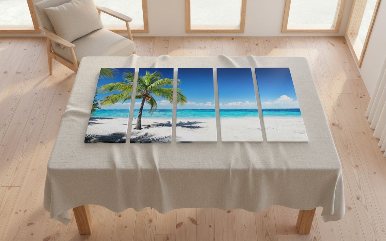 Multi-piece coastal ocean waves canvas wall art in cool blue and sandy earth tones, featuring beach seascape design for living room decor — view 5a