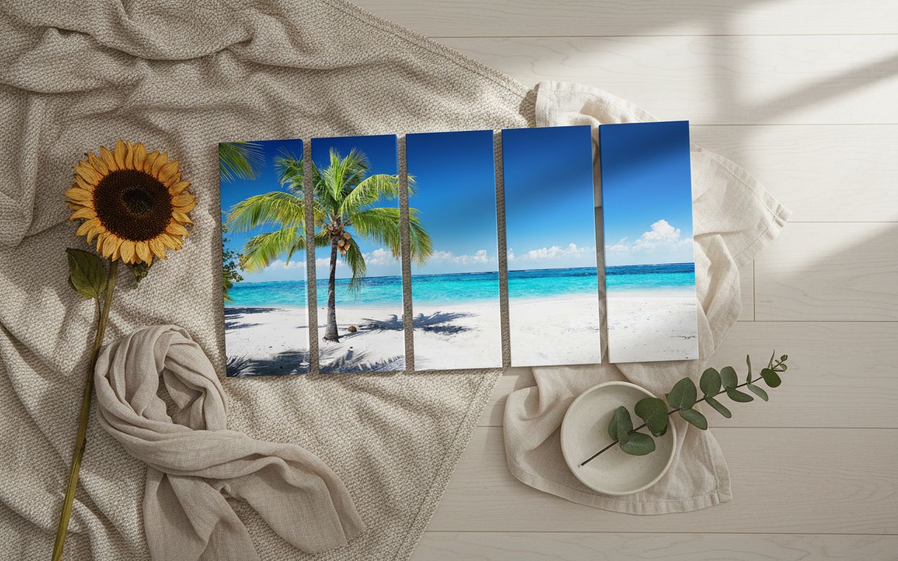 Multi-piece coastal ocean waves canvas wall art in cool blue and sandy earth tones, featuring beach seascape design for living room decor — hero view 2