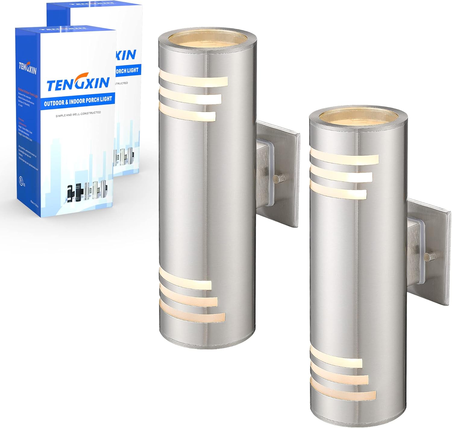 Modern brushed nickel stainless steel cylinder wall sconce with up-down lighting, metallic silver finish — front