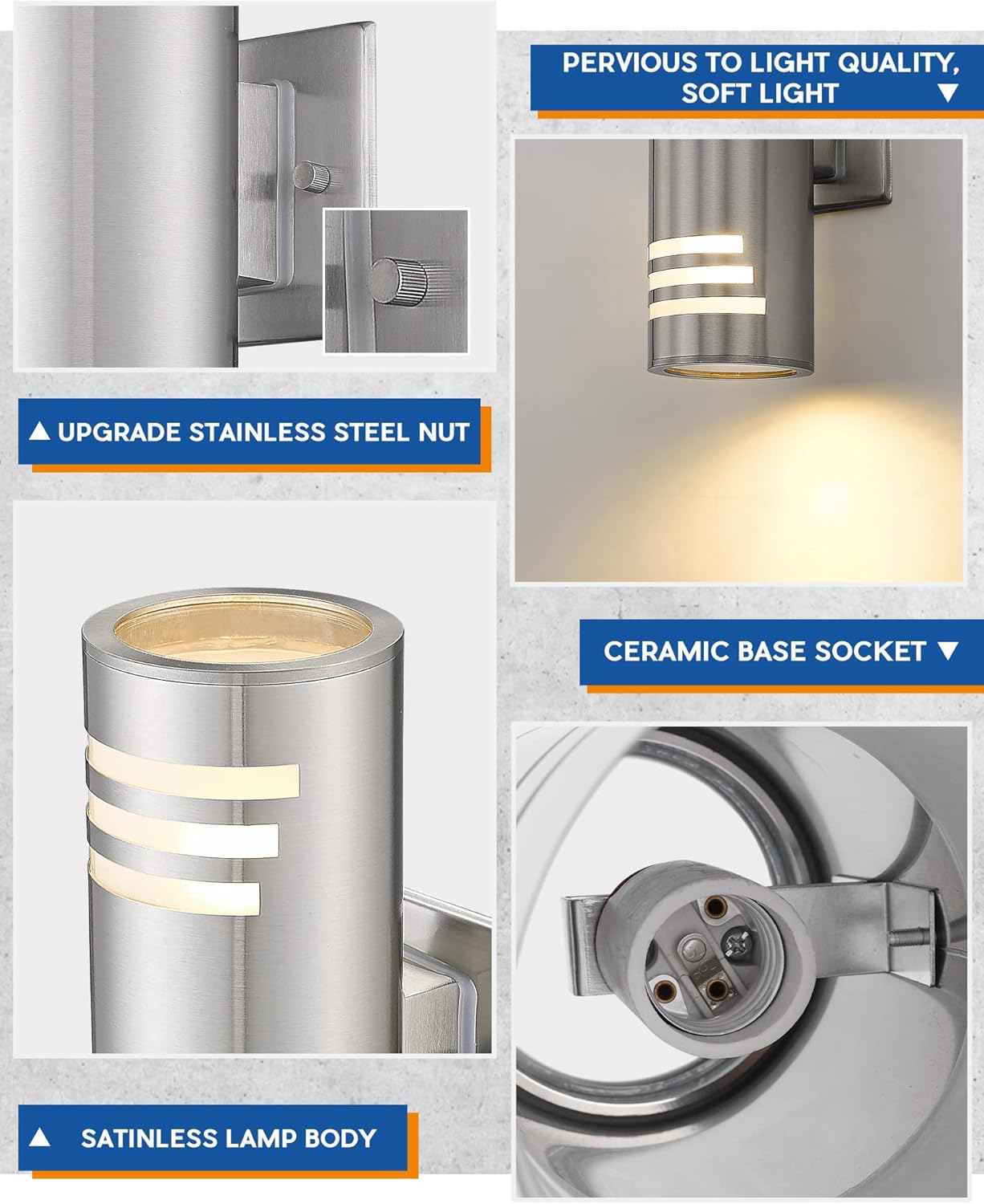 Modern brushed nickel stainless steel cylinder wall sconce with up-down lighting, metallic silver finish — side