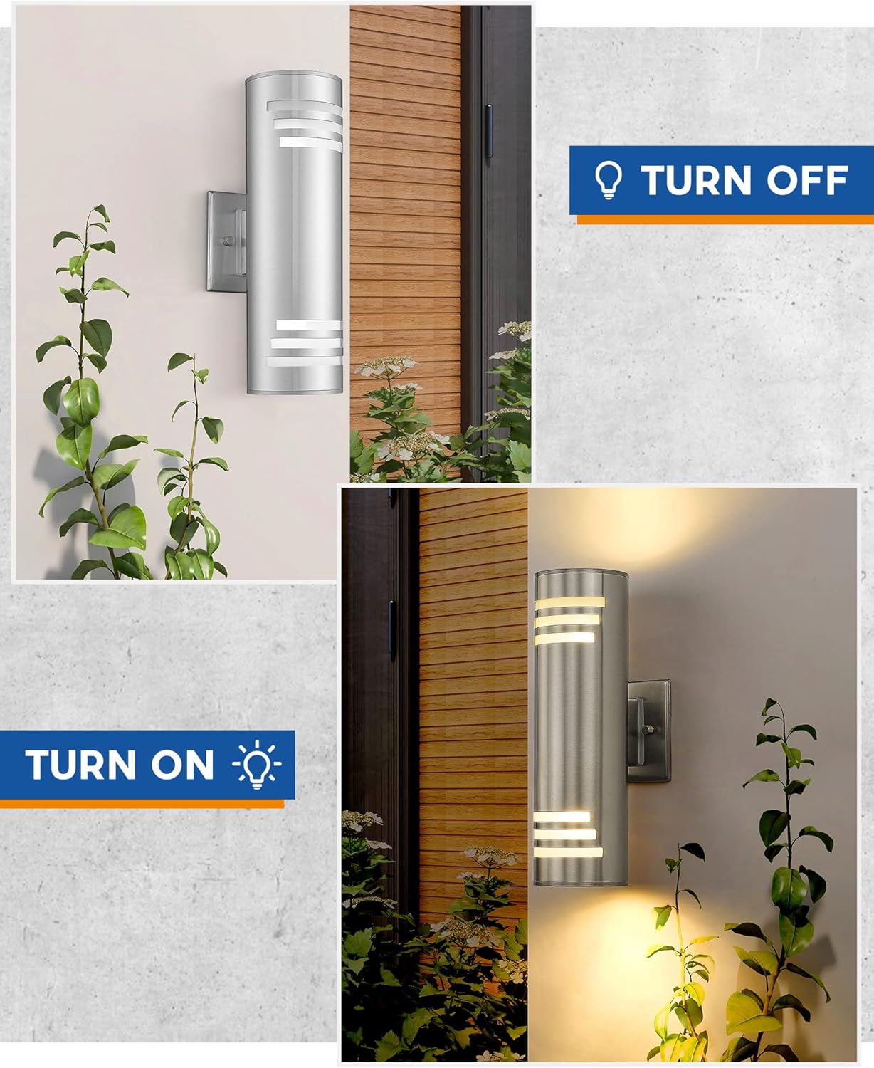 Modern brushed nickel stainless steel cylinder wall sconce with up-down lighting, metallic silver finish — back