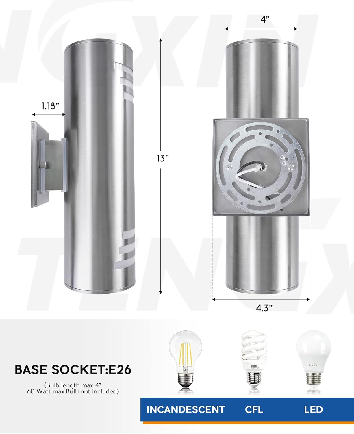Modern brushed nickel stainless steel cylinder wall sconce with up-down lighting, metallic silver finish — view 2