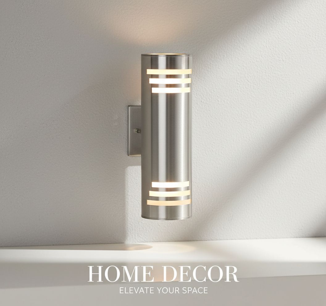 Modern brushed nickel stainless steel cylinder wall sconce with up-down lighting, metallic silver finish — hero view 1