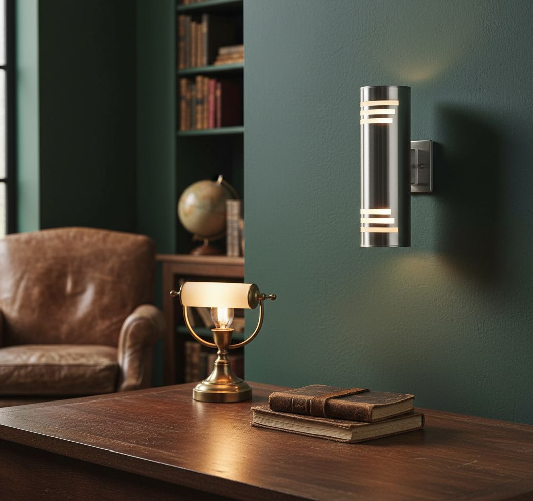 Modern brushed nickel stainless steel cylinder wall sconce with up-down lighting, metallic silver finish — view 5b
