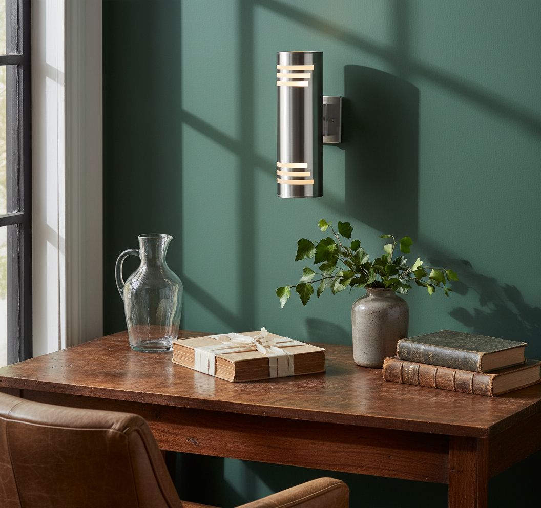 Modern brushed nickel stainless steel cylinder wall sconce with up-down lighting, metallic silver finish — view 3a