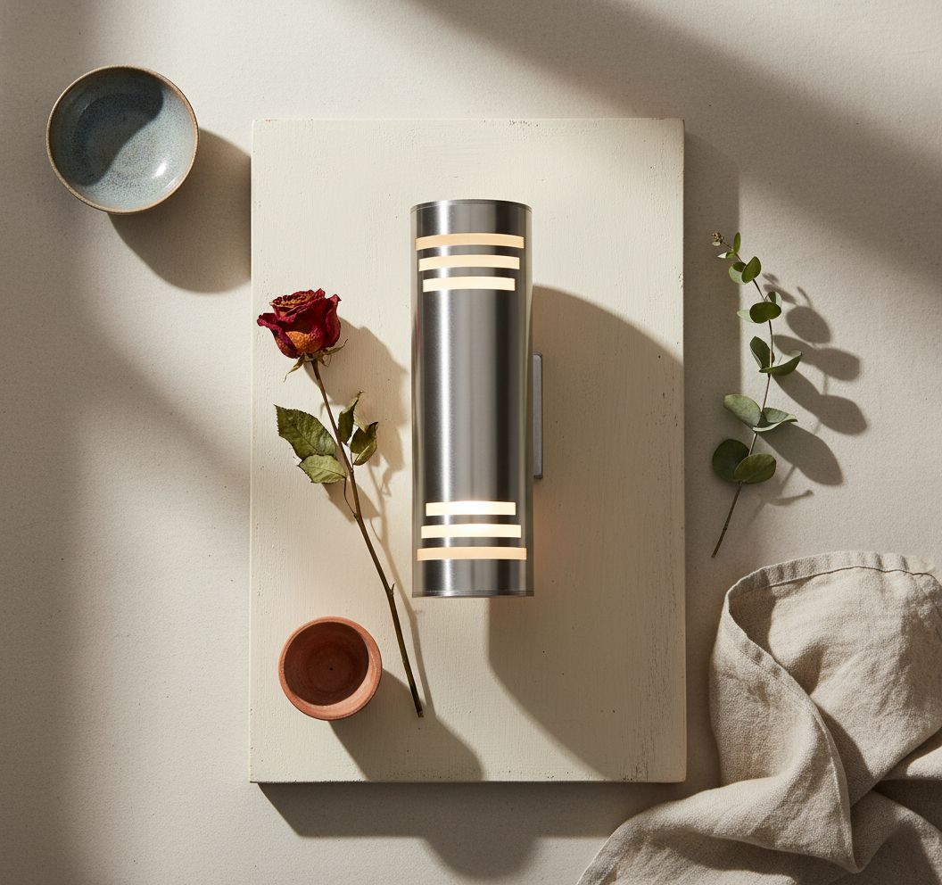 Modern brushed nickel stainless steel cylinder wall sconce with up-down lighting, metallic silver finish — hero view 2