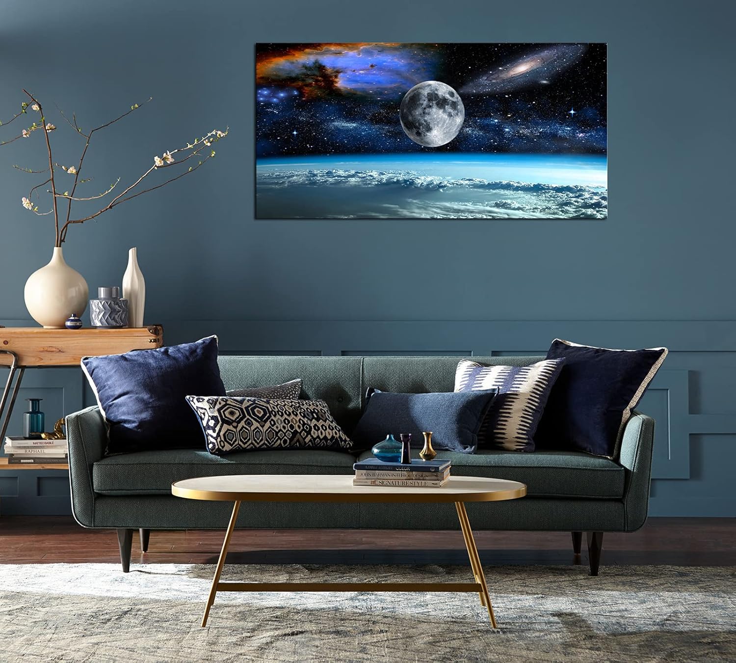 Modern canvas wall art featuring space view from Earth with cool blue and black tones and earth-colored accents, ready-to-hang with frame backing — view 2