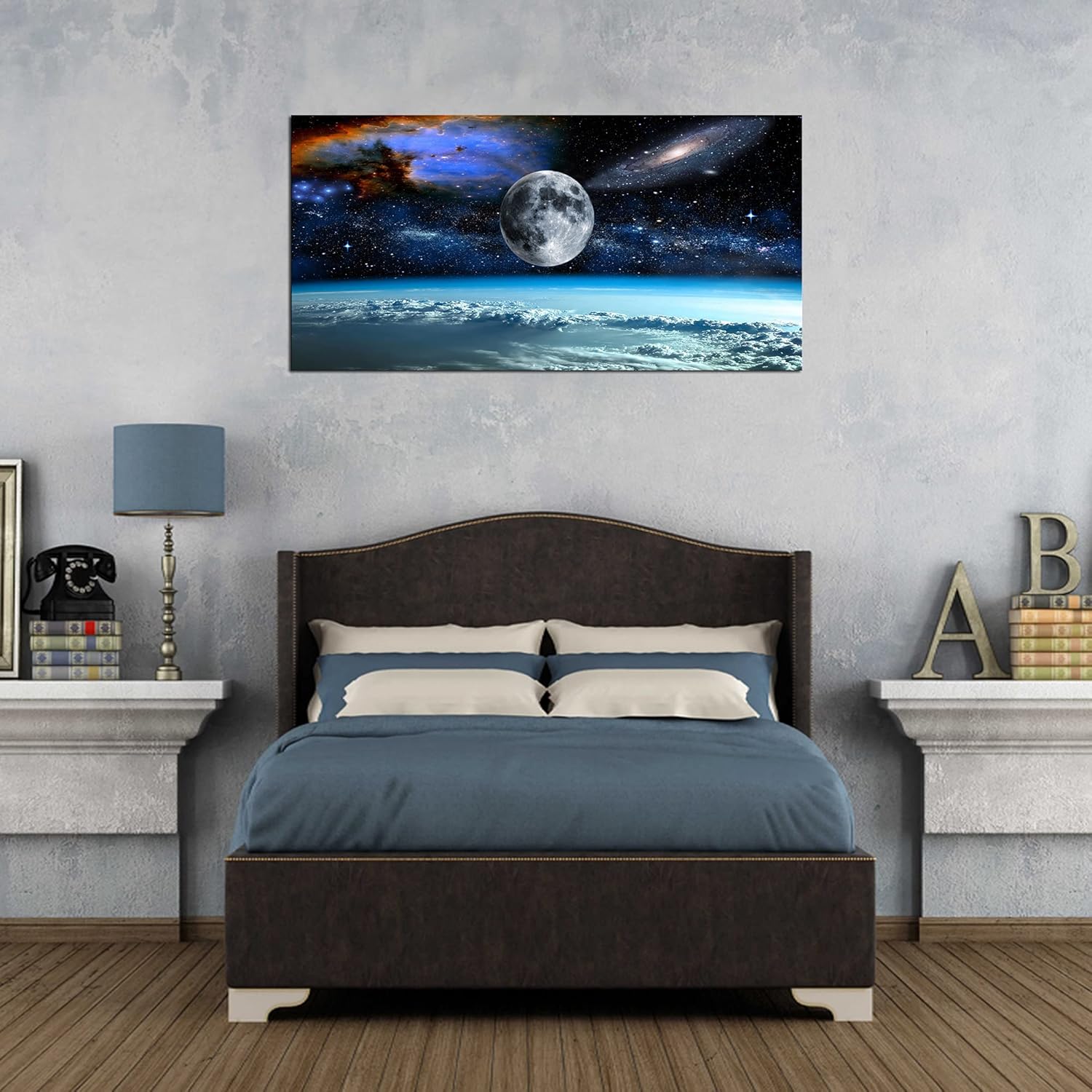 Modern canvas wall art featuring space view from Earth with cool blue and black tones and earth-colored accents, ready-to-hang with frame backing — view 4